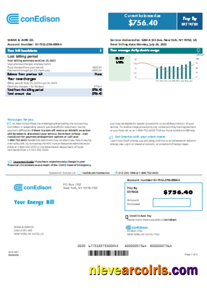 Con Edison utility business bill, page 1
